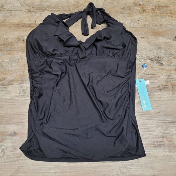 Birdsong Size 32DDD Ruffle Halter Underwire Tankini Swim Top Black Ruched - Picture 6 of 12